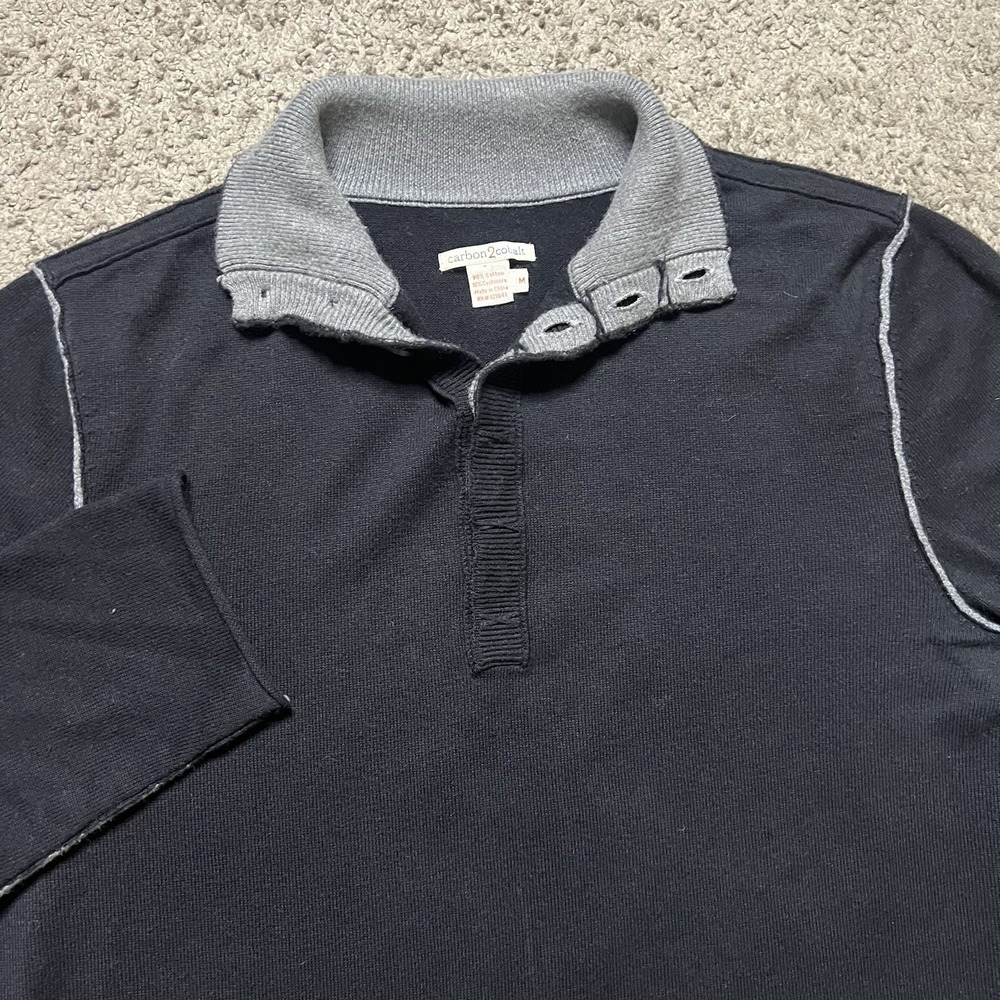 Carbon 2‎ Cobalt Sweater Mens M Black Henley Cotton Cashmere Blend 1/4 Button
